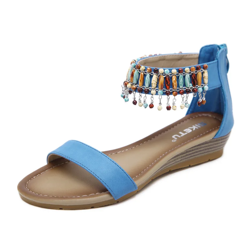 

2018 New Women Sandals Metal Decoration String Beads Casual Sandal Wedges Sandals Female Flats Shoes Zip Comfortable Sandalias