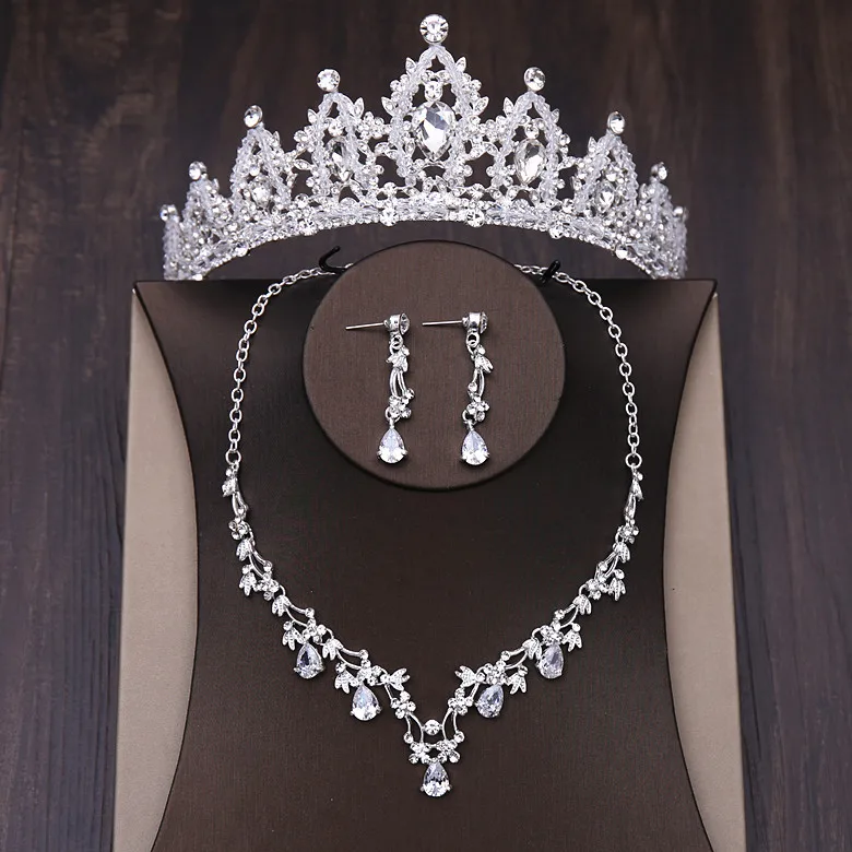 Bridal Jewelry Set Rhinestone Crystal Gold Tiara Silver Crown Earrings for Wedding Necklace Set Accessories Bride Luxury Jewelry (4)