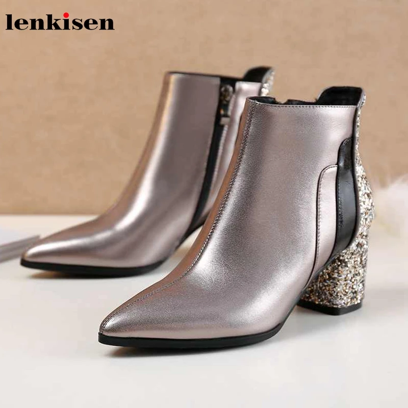 

Lenkisen gorgeous shiny genuine leather mixed colors side zip pointed toe high heels luxury winter women warm ankle boots L8f5