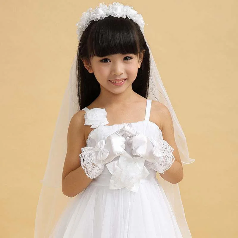 Для Девочек Вечерние детское платье для свадьбы, платье для причастия невесты полная защита пальцев белый аксессуары для ванной комнаты кружевные перчатки