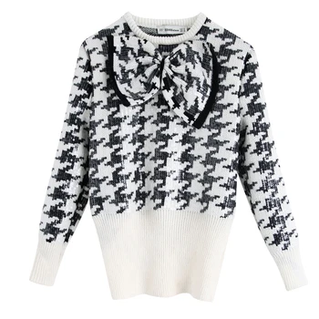 

Buona notte O Neck Sequined Sweaters Women Fashion Houndstooth Slim Sweater Women Elegant Long Sleeve Sweaters Female Ladies JZ