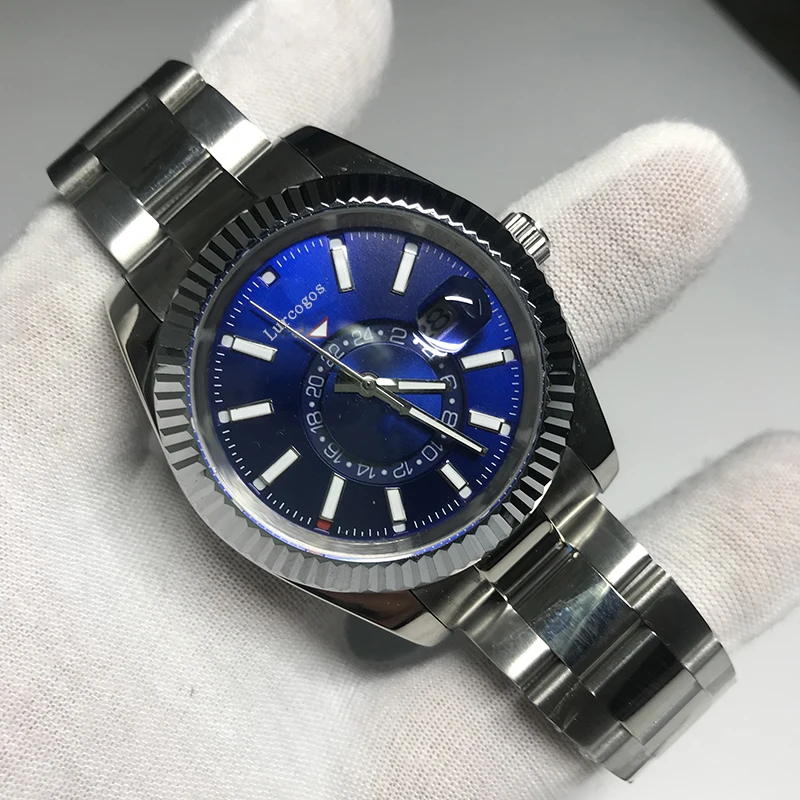 

18k Gold Men Watch blue Dial Luxury brand Automatic SKY glide smooth second hand Reloj Watches AAA