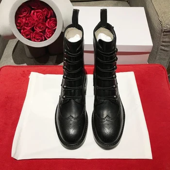 

Women's Boots Genuine Leather Ankle Boots New Fashion Short Boots Autumn Lace-Up Boots Low Heels Ladies Motorcycle Boots