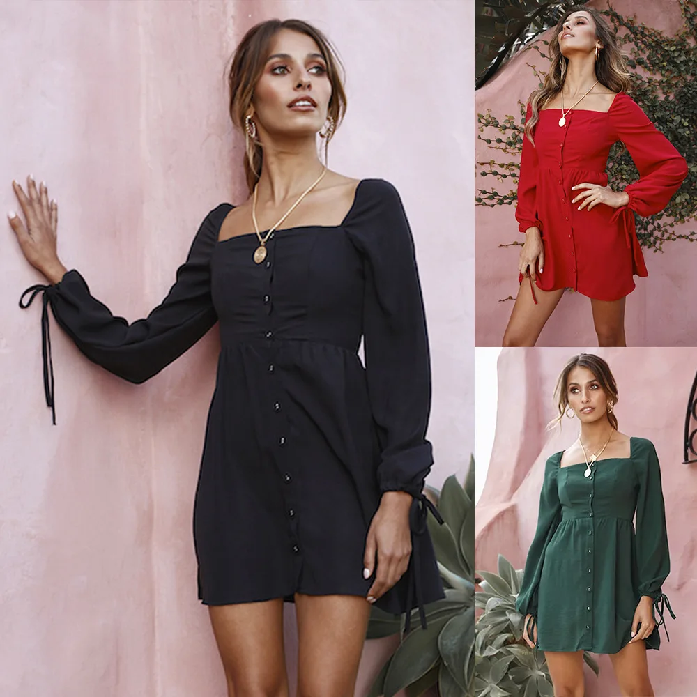 

2019 spring and fall Women Sexy femininos Solid Square Neck Short Sleeve Lace Up Ruched Bodycon halter Mini Dress robe femme
