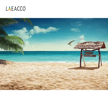

Laeacco Seascape Photography Backdrops Sky Clouds Sea Beach Palms Trees Leaves Photo Backgrounds Summer Holiday Photophone Props