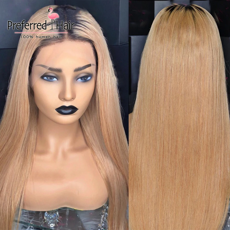 Preferred honey Blonde#27 13x6 парик фронта шнурка предварительно сорванный бразильский Remy 1B корни Прямые Полностью кружевные человеческие волосы парики для женщин