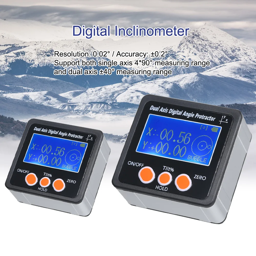 

Dual Axis Digital Inclinometer Angle Protractor with Backlight IP65 Waterproof Aluminum Alloy Shell Measuring Range
