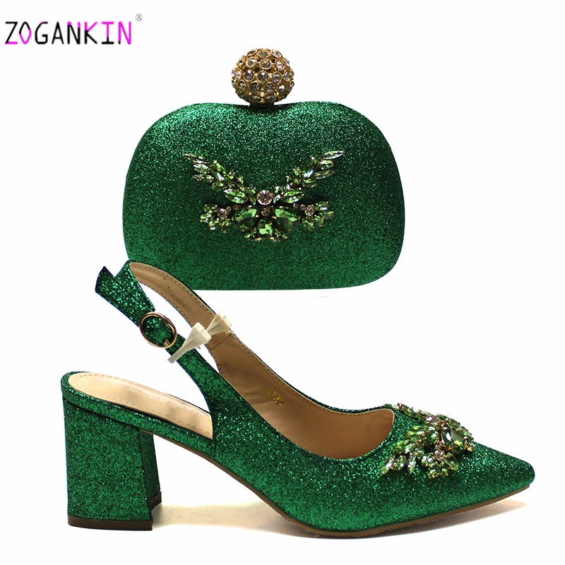 Green New Design 2020 Shoes Matching Hang Bag Set High Quality Pointed Toe Sandals for Garden Party Rome Style Sandal | Обувь
