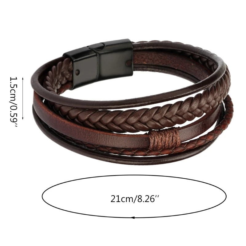 JAVMOO Men's Braided Leather Bracelet - Multi-Layer Cowhide With Stainless Steel Clasp, Medium, No Gemstone - View #8