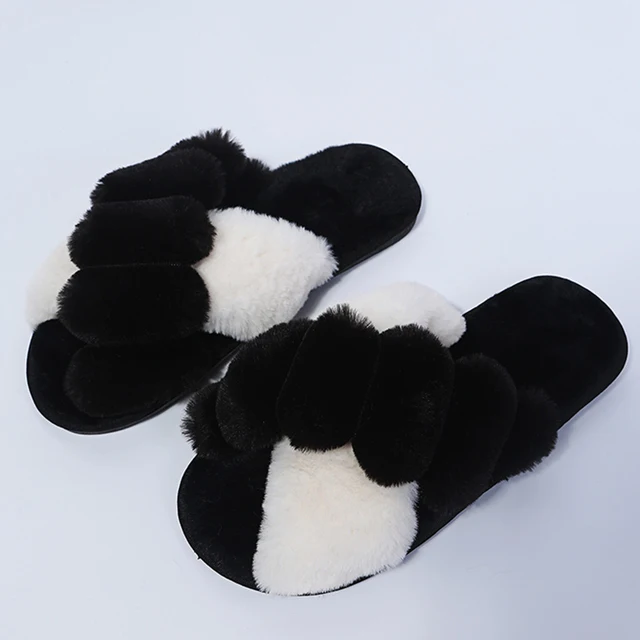 Winter Women House Slippers Faux Fur Fashion Warm Shoes Woman Slip on Flats Female Slides Black Pink cozy home  furry slippers Splicing black