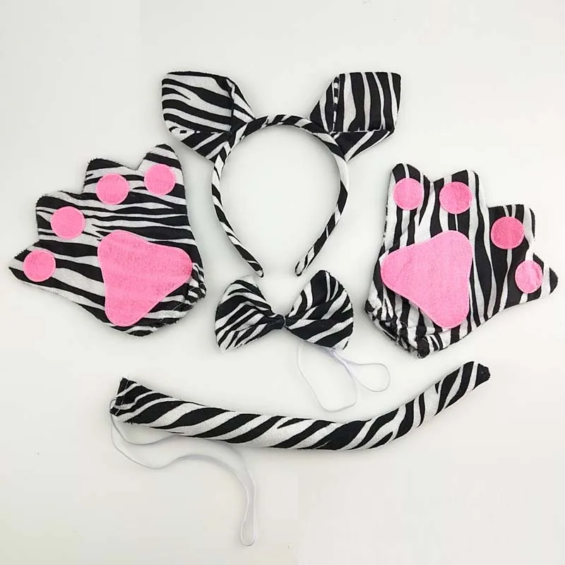 Women Boy Girl Zebra Headband Tail Tie Paw Gloves Animal Cosplay Costume Set Kids Adults Party Halloween Christmas