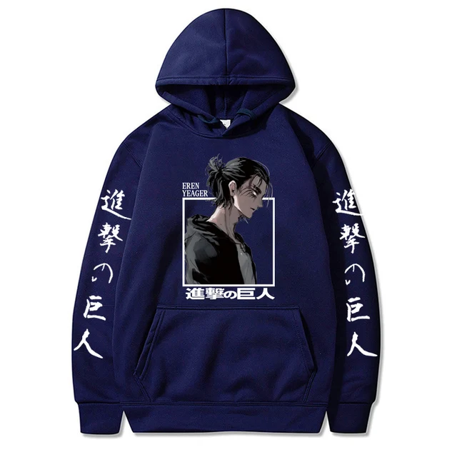 Attack on Titan Eren Yeager Anime Hoodie Men Women Streetwear Hip Hop Unisex Sweatshirt Harajuku Oversized Hoody Tops Navy Blue