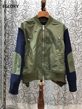 

High Quality Jacket 2019 Autumn Winter Bomber Jacket Women Knitted Patchwork Long Sleeve Casual Zipper Coat Green Apricot Color