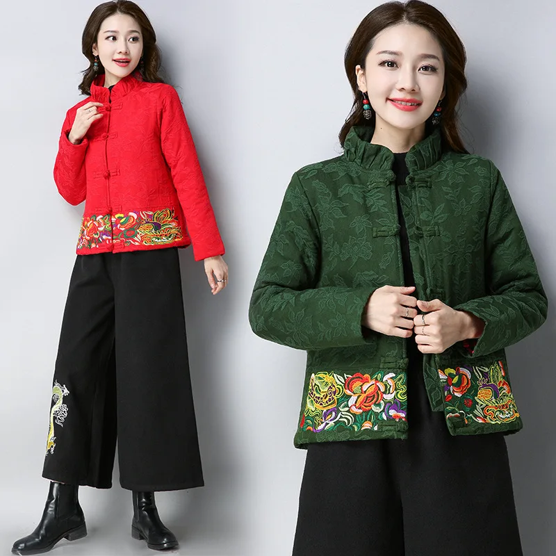 

2018 Autumn And Winter Large Size Dress Chinese-style Short Jacquard Coat Retro National Wind Embroidery Cotton-padded Clothes W