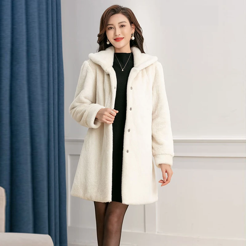 Winter Thick Warm Coat Women Mid-Length Mink Fur Jacket Office Lady Overcoat Single Breasted Windproof Large Size Faux Fur Coat