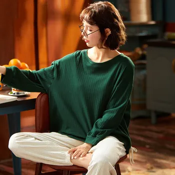 

Green Cotton Women Pajamas Set 2PCS Shirt&Pants Long Sleeve Sleepwear Intimate Lingerie Autumn New Casual Nightwear Home Wear