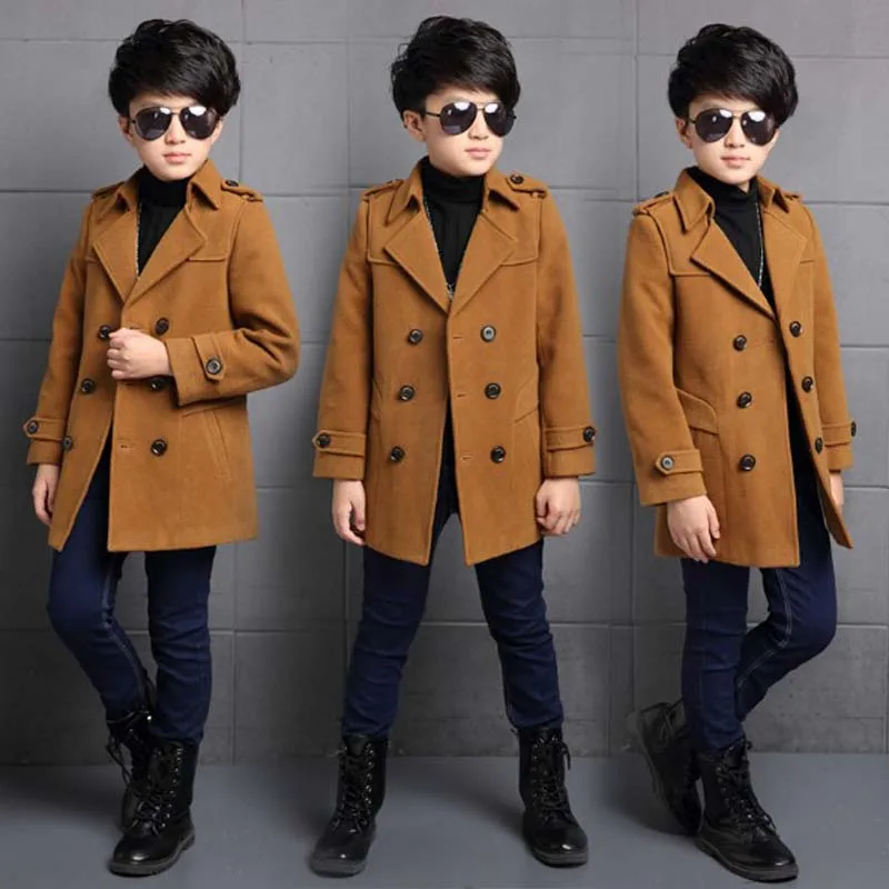 Kid Boys Woollen Cloth Coat Children's Double Breasted Thick Coat Winter Windbreaker Children's Fashion Warm Clothes 5-16 Years