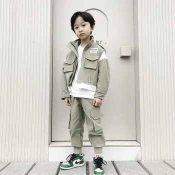 

boys clothes 2020 Autumn and winter Fashion Cotton Full Patchwork Turtleneck Coat sport casual 2 pic a set
