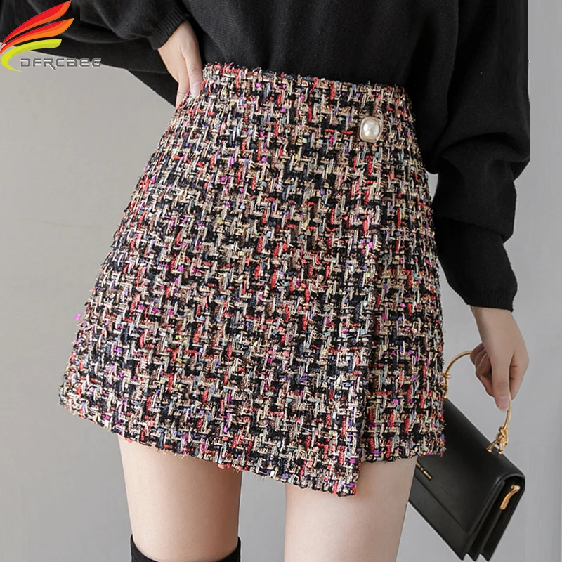 

New Autumn Winter 2020 High Waist Irregular Woolen Skirts Mini Print Casual One Button A Line Elegant Wool Skirts Womens