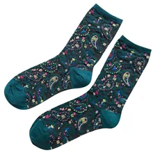 Женские носки, зимние хлопковые носки с тотем в этническом стиле, носки с перьями, уличная одежда, милые женские носки зеленого цвета для девочек