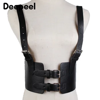 

Deepeel 1pc 12cm*80cm Women Double Row Metal Pin Buckle Cummerbund Double Shoulder Strap Decorative PU Personality Belt YK757