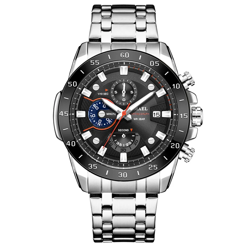 SMAEL часы мужские классические деловые часы из сплава с тремя глазами и шестью стежками циферблат Мужские часы s Reloj Homme Saati SL-9090 - Цвет: Silver Black