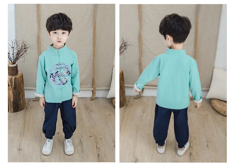 2-8Yrs с вышивкой «восточные одежда с драконом, Комплект для мальчика, Топы с длинными рукавами и штаны, костюмы для детей, Демисезонный осень в стиле костюма эпохи Тан наборы для ухода за кожей