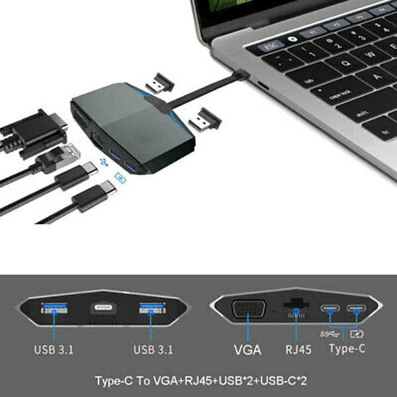 Basix usb type C концентратор к HDMI VGA RJ45 Gigabit Ethernet Thunderbolt 3 адаптер для Macbook pro huawei P20 Pro type C USB 3,0 концентратор - Цвет: vga gray