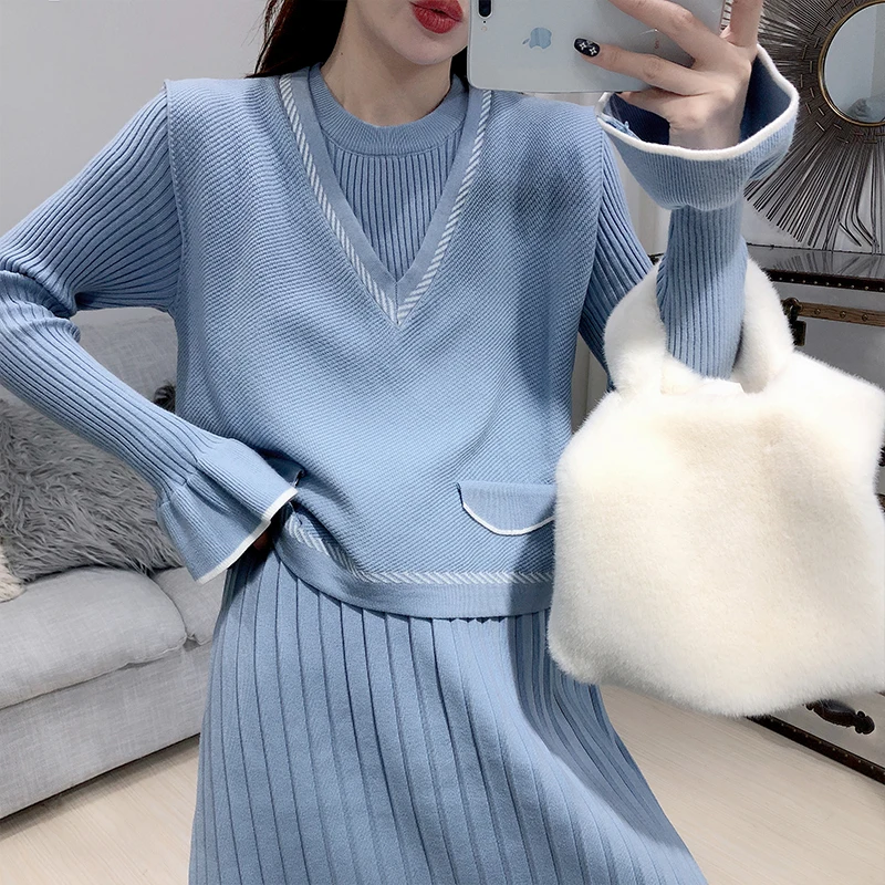 ALPHALMODA, вязаный жилет+ плиссированное платье с длинным рукавом и Рогом, женский зимний повседневный костюм из 2 предметов, пуловер, жилет с фальш-карманами+ платье, комплект