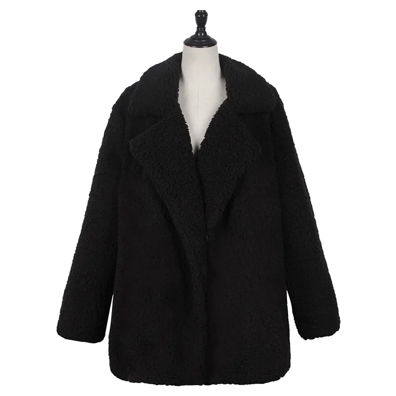 ANSELF/пальто из искусственного меха, Женская куртка медвежонок, теплая флисовая куртка с длинными рукавами, зазубренный воротник с лацканами, винтажная длинная меховая верхняя одежда - Цвет: Черный