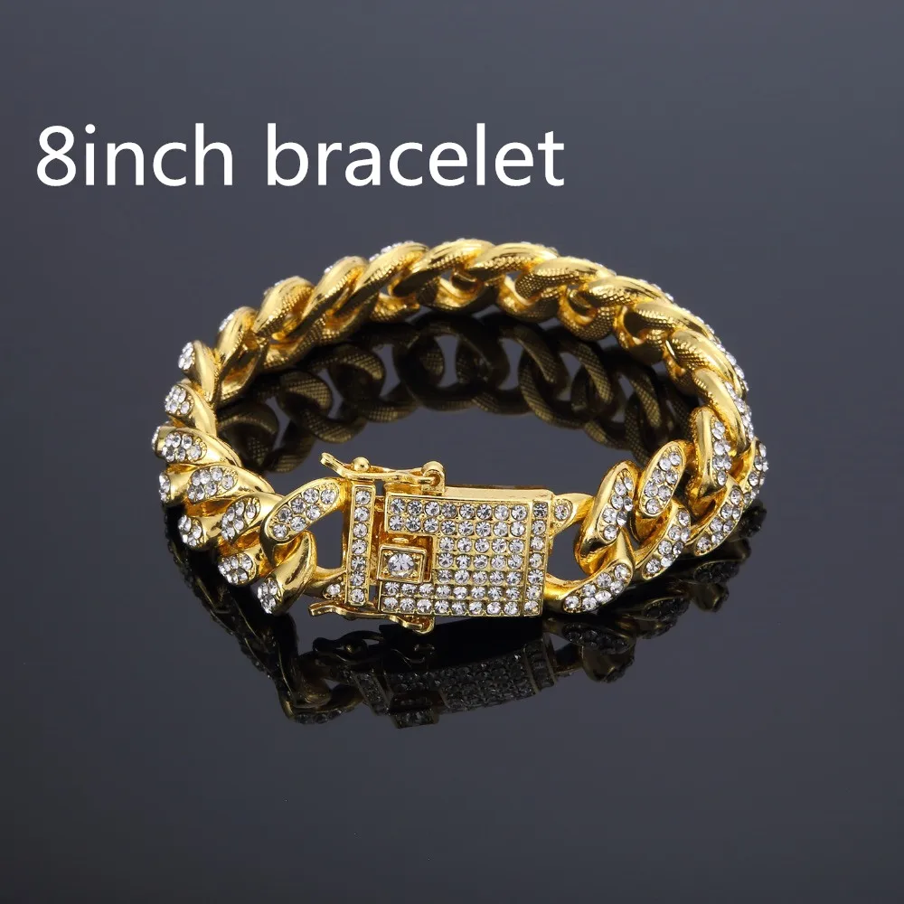 gold 8inch Мужская цепочка в стиле хип-хоп со льдом и стразами, модное ожерелье с фианитами, кубинские цепочки в стиле хип-хоп, ювелирные изделия унисекс - Окраска металла: gold 8inch