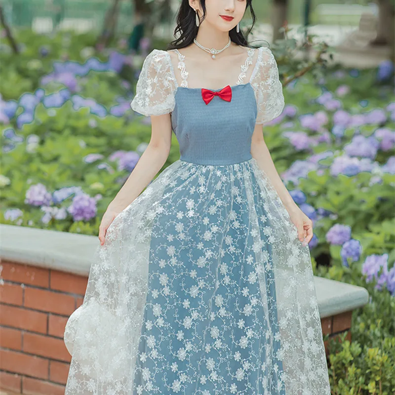 Blue Lace Embroidered Net Yarn Princess Dress Bowknot Square Collar