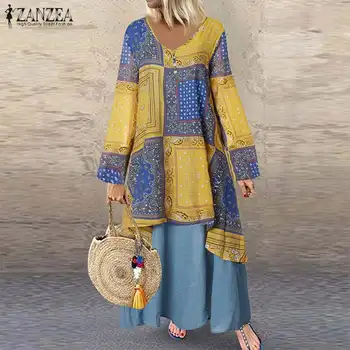 

2020 Spring Long Sleeve Sundress ZANZEA Women Long Vestidos Vintage Casual Ethnic Print Patchwork Cotton Dress Female Tunic Robe