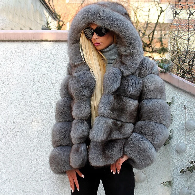 Женское серое пальто из натурального Лисьего меха с капюшоном, толстые теплые куртки из натурального меха голубой лисы, женская зимняя верхняя одежда, роскошные меховые пальто - Цвет: Grey