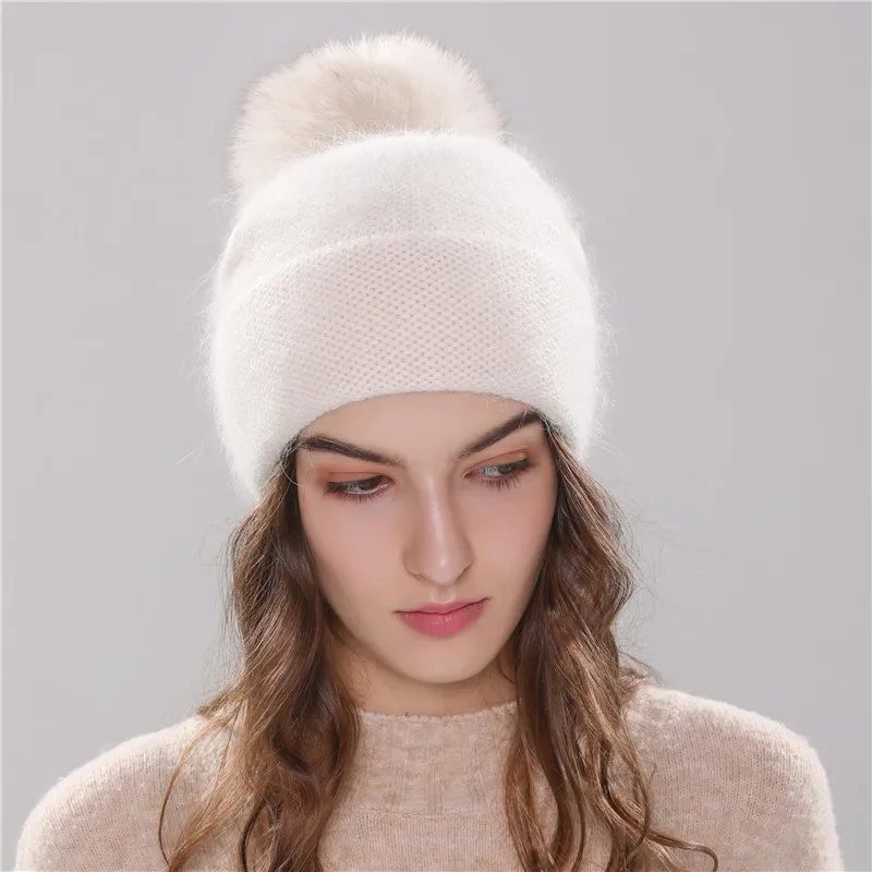 Женская вязаная шапка с мехом Xthree, новая зимняя шапка с мехом ангорского кролика, осенняя шапочка для девушки, шапка с меховым помпоном - Цвет: beige