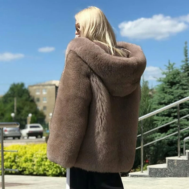 Зимнее модное пальто с капюшоном из лисьего меха для женщин, Толстая теплая куртка из голубого меха лисы, пальто из натурального меха