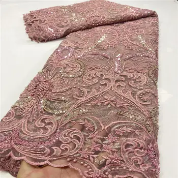 

Pink Handmade Beads Embroidered Lace Fabric Heavy Nigeria Beaded Ties Fabric High Quality French Tulle Lace Fabric For Bridal