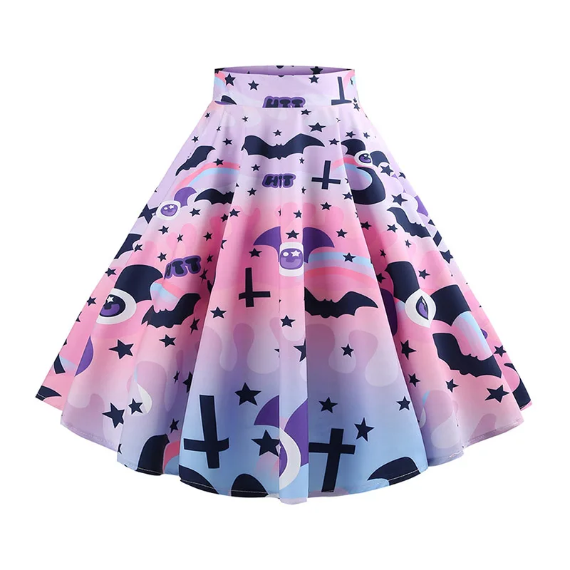 

Gothic Skirt Retro Big Swing Women Skirt Halloween Bat Printing Female Skirt
