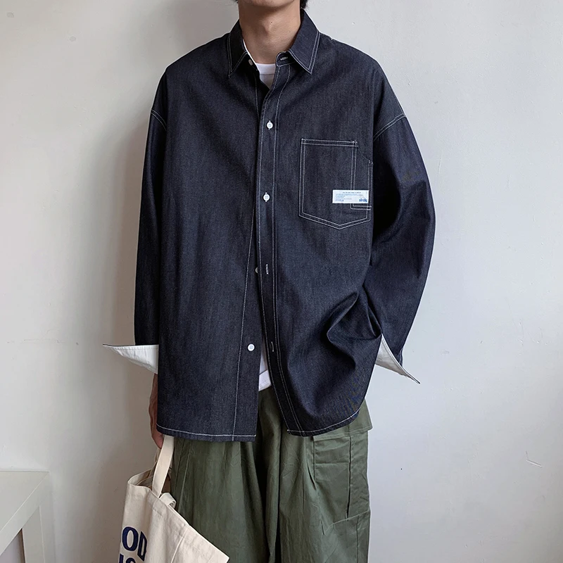 Navy Blue Осенняя новая Корейская версия пары мужская Свободная Повседневная джинсовая рубашка большого размера уличная одежда - Цвет: Navy Blue