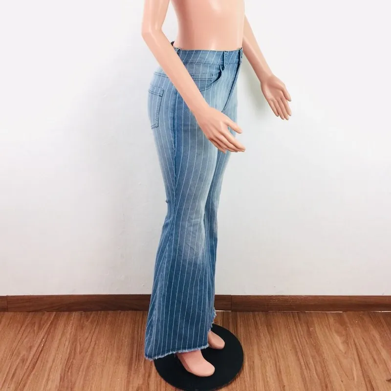 Women Casual Striped Fringe Bell-Bottom Pants Streetwear High Waist Jeans Party Pockets Wide Leg Trousers