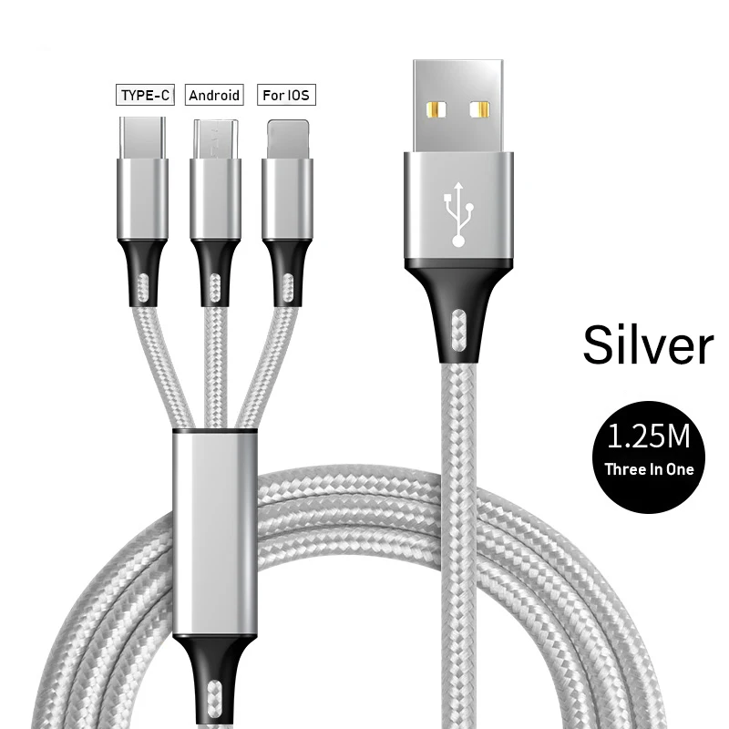 3 в 1 USB кабель для iPhone X 8 7, зарядное устройство для мобильного телефона, Зарядка Micro usb type C для samsung S9, Xiaomi, huawei, USB C, зарядный шнур - Цвет: Серебристый