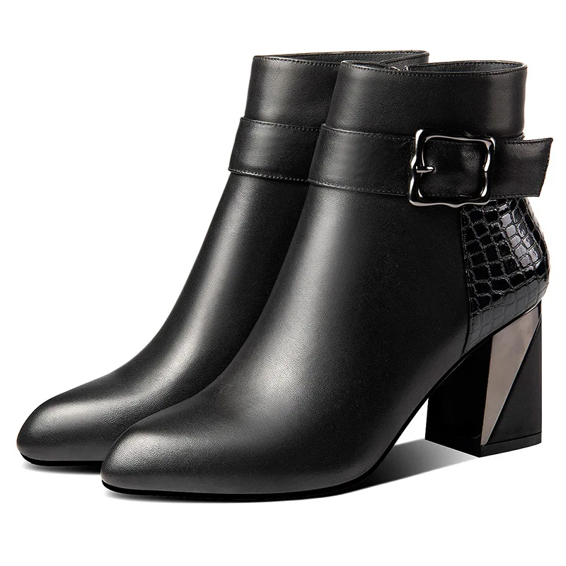 

Women boots 19 fall/winter leather women's boots pointed thick high-heeled boots color matching belt buckle fashion boots women