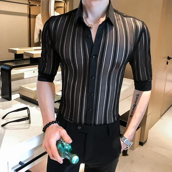 

Solid Black White Business Casual Button Down Sexy See Through Slim Fit Shirt Camisa Masculina 2020 Transparent Stripe Shirt Men