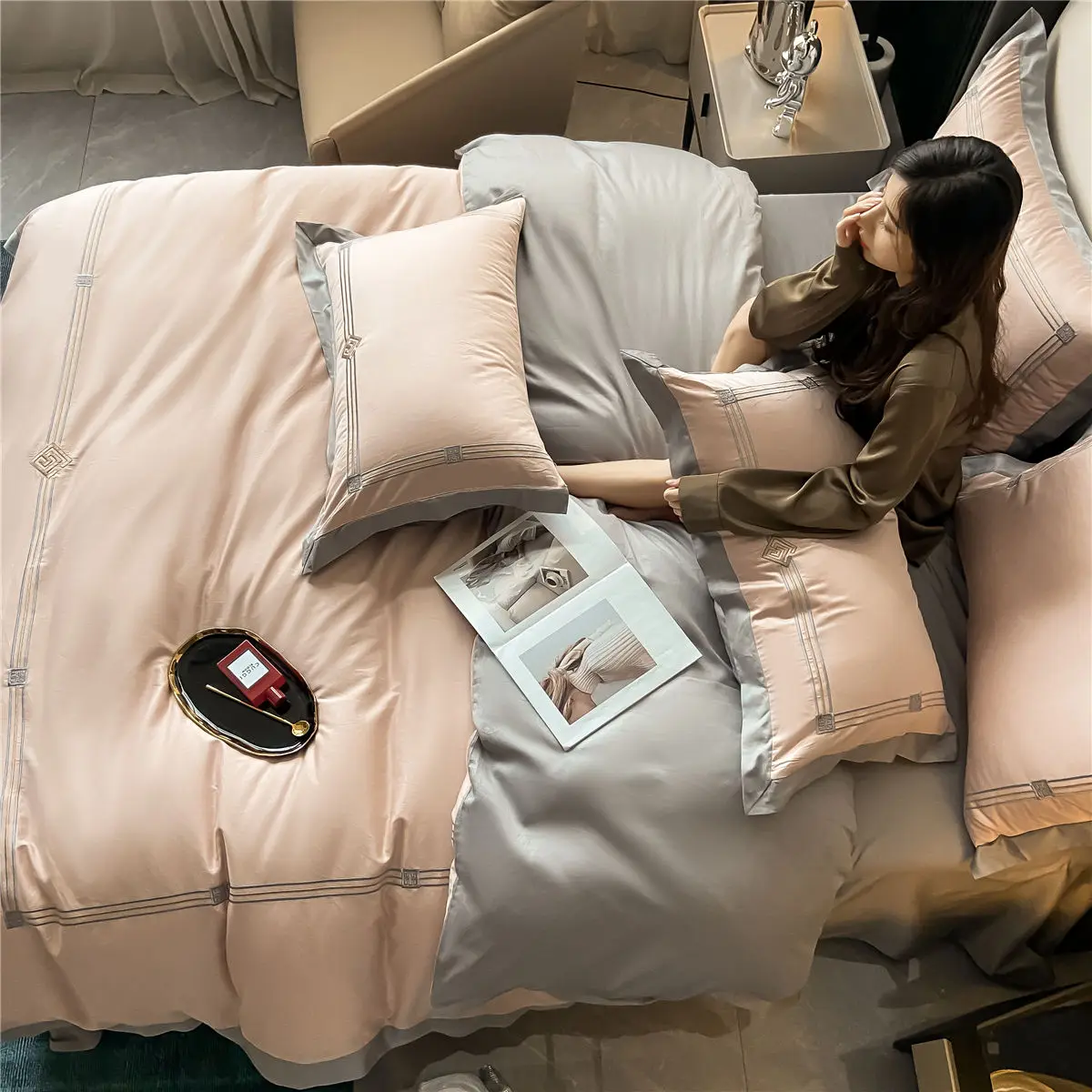 OLOEY Bedding set Egyptian cotton 100S Phnom Penh duvet cover flat sheet pillowcases Soft bed sets Embroidery