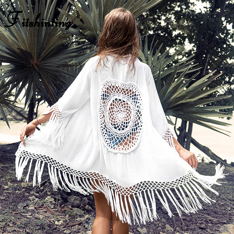 Fitshinling Bohemian Fringe Beach Cover-Up White Bikini Long Cardigan Crochet Hollow Out Sexy Kimono Swimwear Holiday Outing New | Женская
