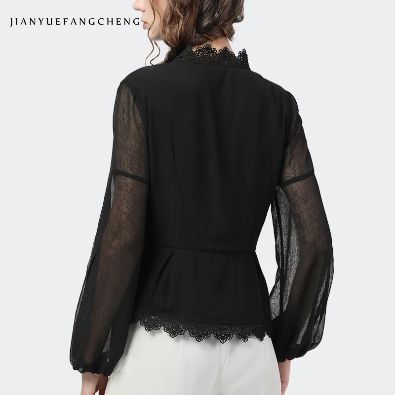 Elegant Women Black Chiffon Shirt High Waist Slim