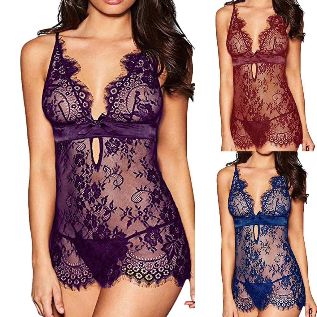 Sexy lingerie porno body underwear Women babydoll pajamas Dress mini Halter Nightwear Black Eyelash Lace Bow Chemise H5