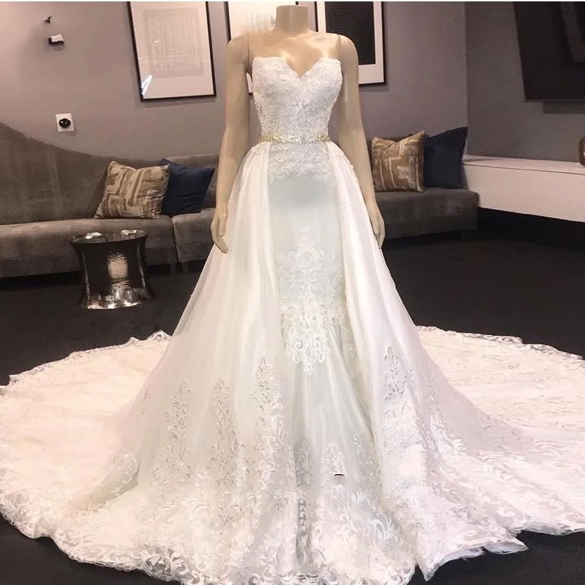

Luxury Beaded Lace Wedding Dresses With Detachable Train Sweetheart Mermaid Plus Size Lace Appliqued Bridal Gowns Hot