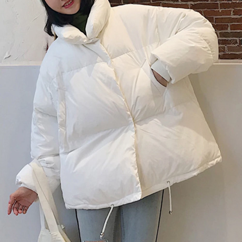 PUIMENTIUA Winter Warm Jacket Women Stand Collar Solid Black White Female Down Coat Loose Womens Plus Size Short Parka New