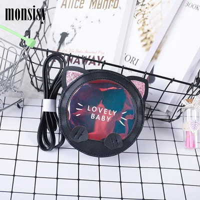 Monsisy, новинка, Детский кошелек для монет и сумочка для девочек, блестящая сумка через плечо, мультяшная мышь, бант, кошка, сумка, кошелек для детей, детские деньги, Bolsa - Цвет: black kitten